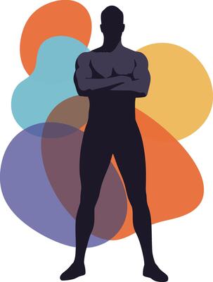 Silhouette of Strong Confident Man with Colorful Abstract Shapes Background Illustration