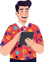 Young man using tablet device with colorful patterned shirt on orange background digital technology illustration vector