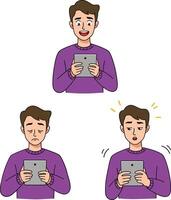 Young man with tablet showing various emotions and reactions in purple sweater digital communication illustration vector