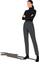 Woman standing with crossed arms wearing black turtleneck and gray pants isolated on white background vector
