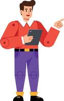 Young man holding tablet and pointing finger in casual outfit on purple background illustration vector