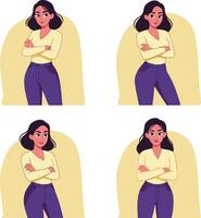 Confident woman with arms crossed in yellow top and blue jeans standing in different poses on yellow background digital illustrations vector