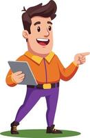 Young man holding tablet pointing with finger in casual outfit illustration with green background vector