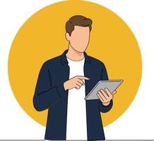Young man using digital tablet technology with blue jacket and white shirt on yellow background illustration vector