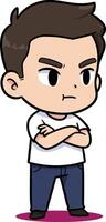 Cartoon boy with crossed arms and serious expression in casual clothes standing on pink shadow illustration vector