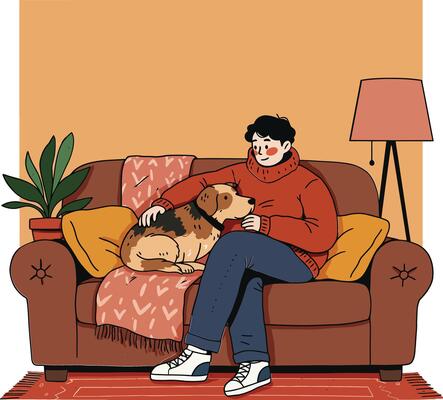 Man sitting on brown sofa petting dog in cozy living room with warm lighting and orange decor