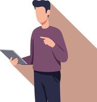 Young man holding tablet pointing finger in casual clothes illustration with long shadow effect vector