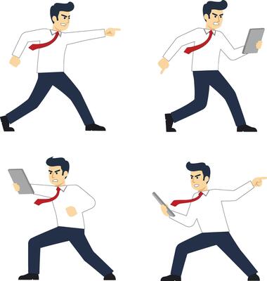 Businessman with digital devices in various action poses on red background illustration set