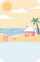 Tropical Beach Scene with Palm Tree and Hut under Sunny Sky and Calm Ocean Waves Illustration vector
