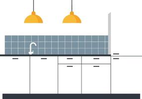Modern minimalist kitchen interior with blue tiled backsplash and yellow pendant lights in clean design vector