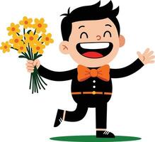 Young boy happily running with yellow flowers bouquet dressed in black suit and orange bowtie cheerful moment vector