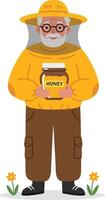 Elderly man holding jar of honey in yellow sweater and hat with glasses standing on grass with flowers vector