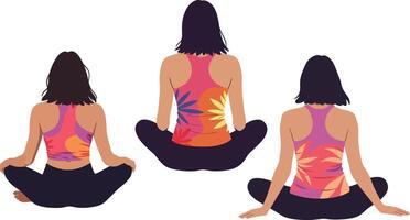 Three women practicing meditation and yoga in colorful sportswear with sun designs in calm setting vector