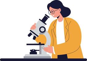 Woman scientist using microscope in laboratory with yellow jacket and glasses natural lighting portrait vector