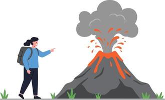 Hiker observing erupting volcano with lava flow and ash cloud in natural outdoor adventure scene vector