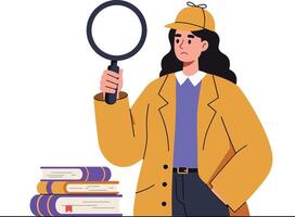 Young female detective inspecting evidence with magnifying glass and books on table in modern illustration style vector