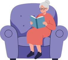 Elderly woman reading book while seated on comfortable purple armchair in calm indoor setting vector