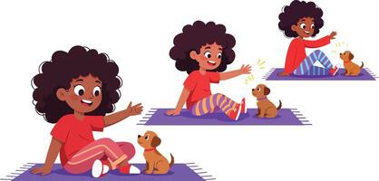 Child sitting on purple mat playing with small brown dog in sequence of happy movements indoors vector