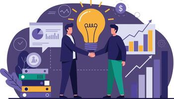Business partners shaking hands with light bulb idea concept and financial growth graph success teamwork illustration vector