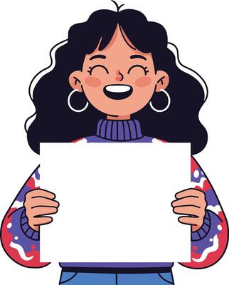 Smiling girl with curly hair holding blank white sign in colorful sweater and hoop earrings cheerful expression