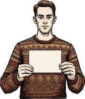 Man Wearing Patterned Brown Sweater Holding Blank Sign Front Facing Illustration Artwork vector