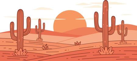 Desert landscape with tall cacti and setting sun in warm orange tones illustration vector