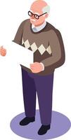 Elderly man with glasses reading document in casual sweater holding paper in standing pose vector