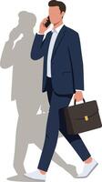 Businessman walking and talking on phone with briefcase in hand wearing navy suit and white sneakers vector