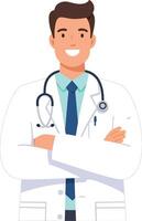 Male doctor with stethoscope and white coat smiling confidently in medical profession setting vector