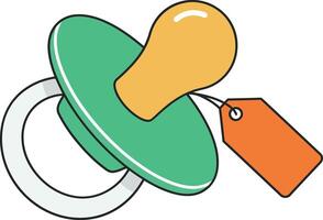 Baby pacifier with green shield and orange nipple isolated on white background with price tag attached vector