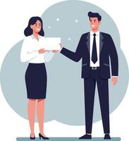 Businessman and businesswoman exchanging document in formal office attire in professional workplace environment vector