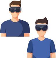 Two males wearing virtual reality headsets exploring digital worlds technology experience vector
