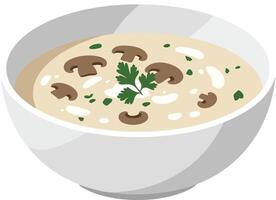 Creamy mushroom soup in white bowl with fresh parsley garnish and herb seasoning for cozy meal preparation vector