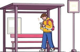 Young man standing at bus stop shelter with backpack using smartphone illustration vector