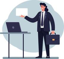 Businessman in formal suit holding briefcase and document standing near laptop on table in office environment vector