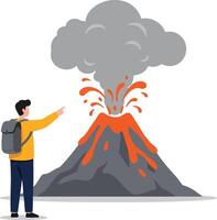 Man observing erupting volcano with flowing lava and smoke in natural landscape outdoor scene vector