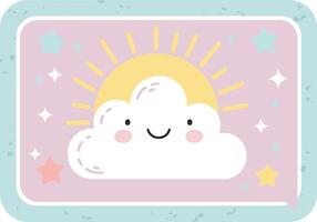 Cute smiling cloud with sun rays and pastel stars in blue frame cheerful illustration vector
