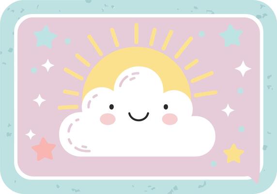 Cute smiling cloud with sun rays and pastel stars in blue frame cheerful illustration