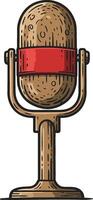 Vintage microphone design with red band and wooden stand art illustration vector