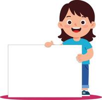 Happy child holding blank white signboard with enthusiasm and joy in cartoon style vector