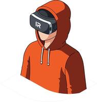 Person Wearing Orange Hoodie Using Virtual Reality Headset for Immersive Digital Experience in Technology Environment vector