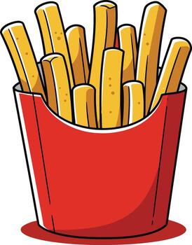 French fries in red container isolated on white background with crispy golden texture and simple illustration style vector