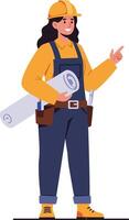 Female construction worker with blueprints and safety helmet pointing direction in yellow outfit and boots vector