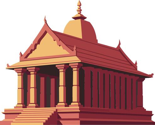 Ancient temple architectural structure with classical columns and stepped entrance in warm light