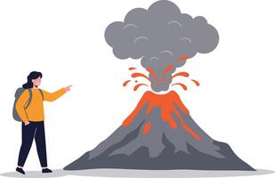 Erupting volcano with lava and ash cloud near observing person illustration in flat style vector