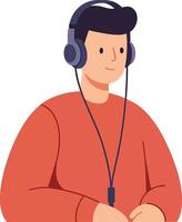 Young man wearing headphones enjoying music with red sweater and calm expression digital illustration vector