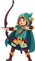 Archer character in green hooded cloak aiming bow with arrow illustration for fantasy game or story design vector