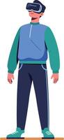 Young man wearing virtual reality headset enjoying immersive digital experience with casual sportswear and sneakers vector