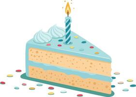 Birthday cake slice with blue frosting and single lit candle illustration for celebration and party design vector