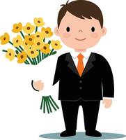 Young boy in black suit holding bouquet of yellow flowers with orange tie cheerful illustration vector